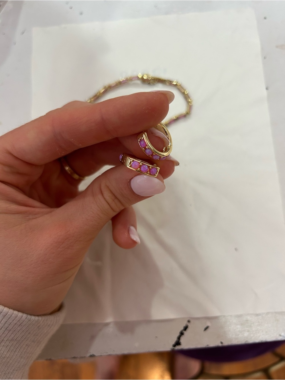 Kendra Scott Gold & Pink Baguette Tennis Bracelet and earrings set - Picture 5 of 5